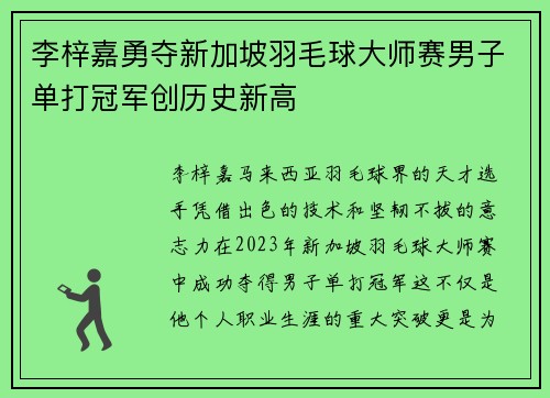 李梓嘉勇夺新加坡羽毛球大师赛男子单打冠军创历史新高