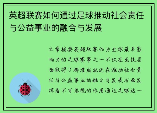 英超联赛如何通过足球推动社会责任与公益事业的融合与发展 英超联赛如何通过足球推动社会责任与公益事业的融合与发展